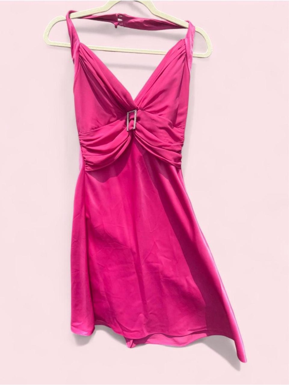 Vintage 2000s Thea Dora Hot Pink Rhinestone Halter Dress Sz 8